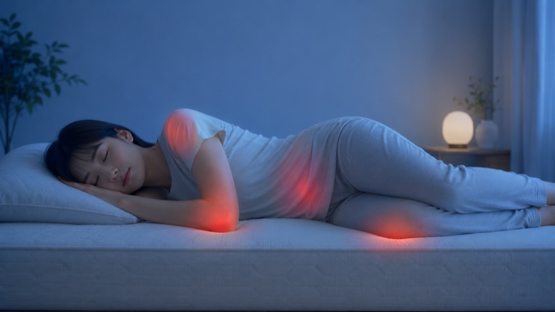 横向きに眠る女性の肩や腰に圧迫がかかっているイメージ