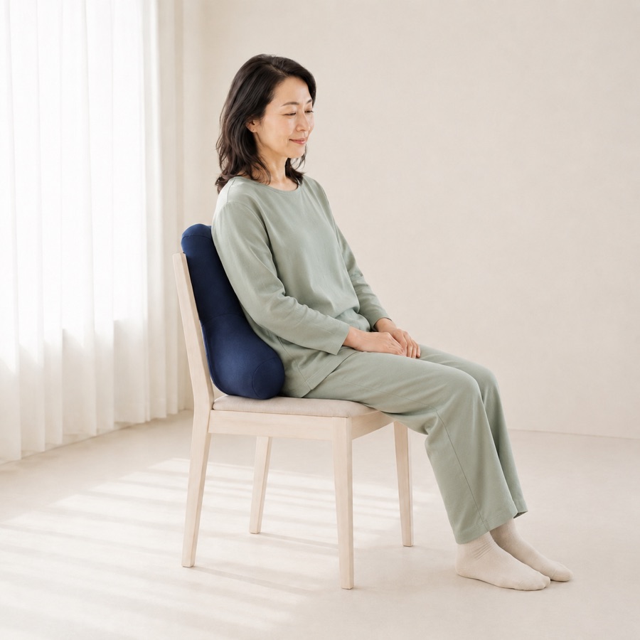 背もたれクッションを使って椅子に座る女性