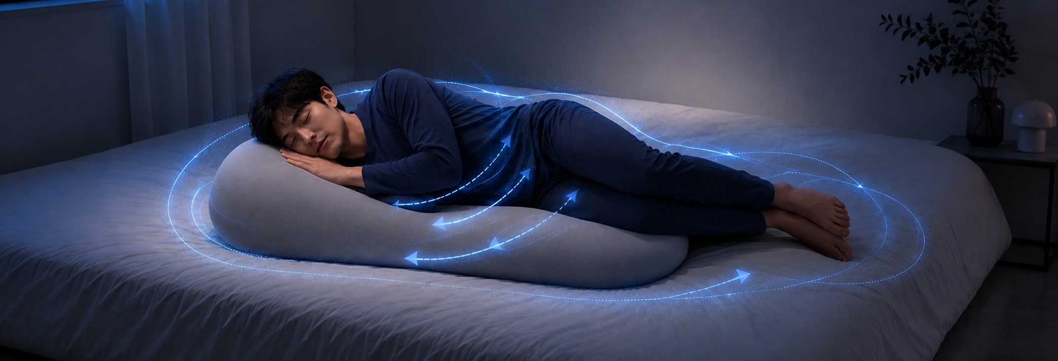 大きなクッションを抱いて横向きに眠る男性。身体の周りを圧力が流れるイメージ